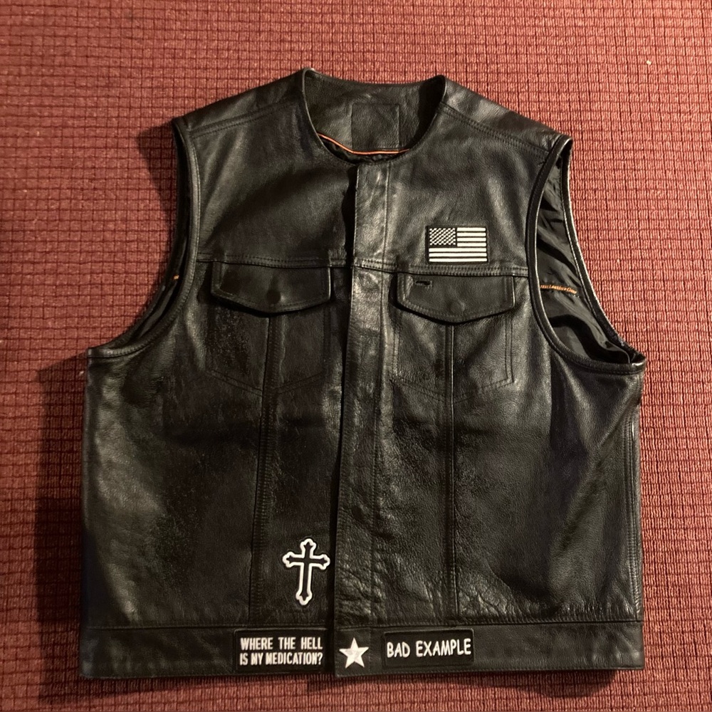 VTG  Harley vibe leather vest First Classics  patches -“need meds”